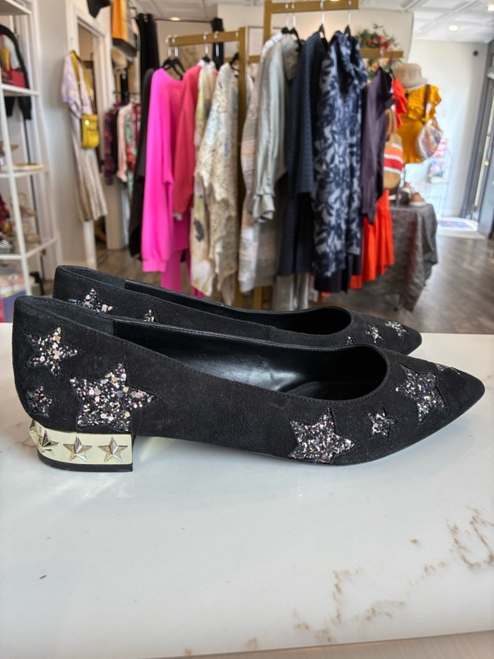 Dune London Black Star-Embellished Suede Pointed Toe Flats